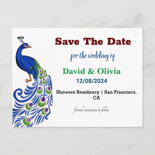 Majestic Peacock Wedding Save The Date Postcard Briefkaart (Voorkant)