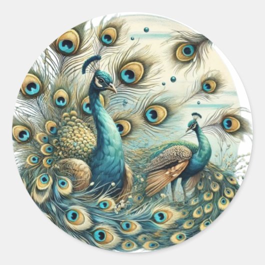 Majestic Peacocks – Levendig Veerscherm Ronde Sticker (Voorkant)