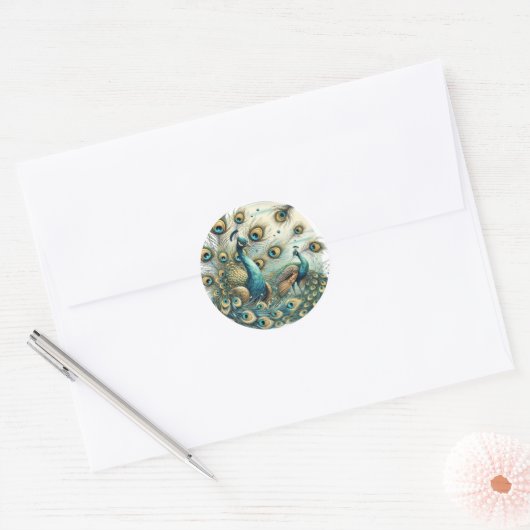 Majestic Peacocks – Levendig Veerscherm Ronde Sticker (Envelop)