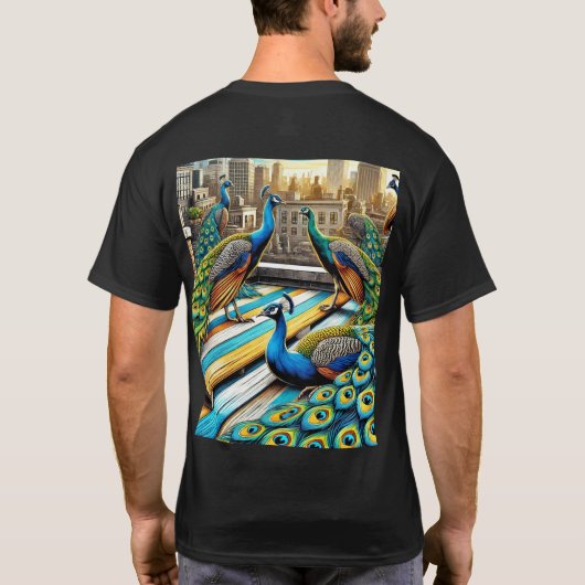 Majestic Peacocks Rooftop Gathering T-shirt (Achterkant)