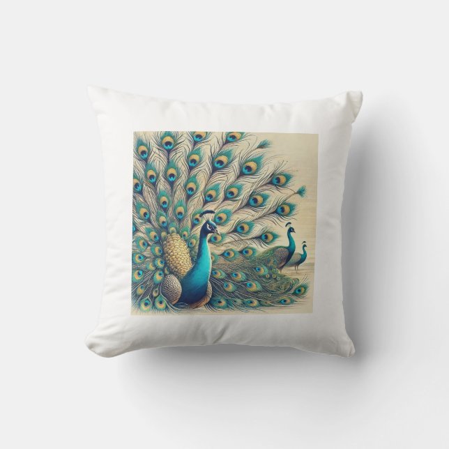 Majestic Peacocks – Vibrant Feather Display kussen (Voorkant)