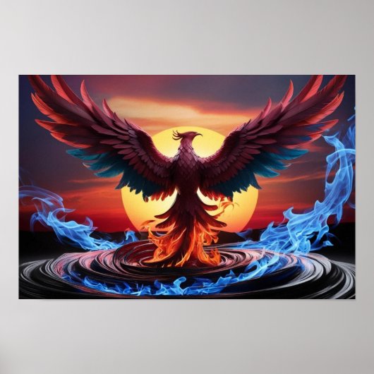 Majestic Phoenix Rising from Fiery Depths Sunset Poster (Voorkant)