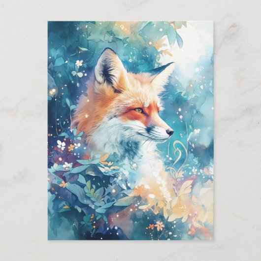 Majestic Red Fox in Teal Botanical Meadow Briefkaart (Voorkant)