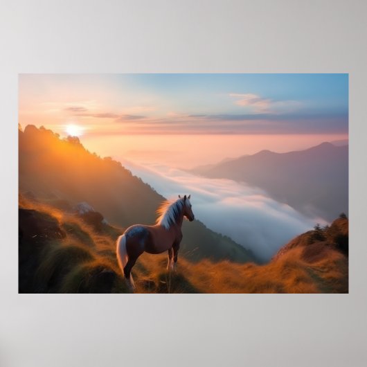 Majestic Red Horse in de Berg op zonsondergang Poster (Voorkant)