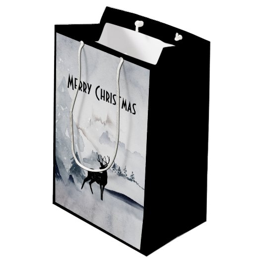 Majestic Reindeer Grey Waterverf Merry Kerstmis Medium Cadeauzakje (Achterkant Gekanteld)