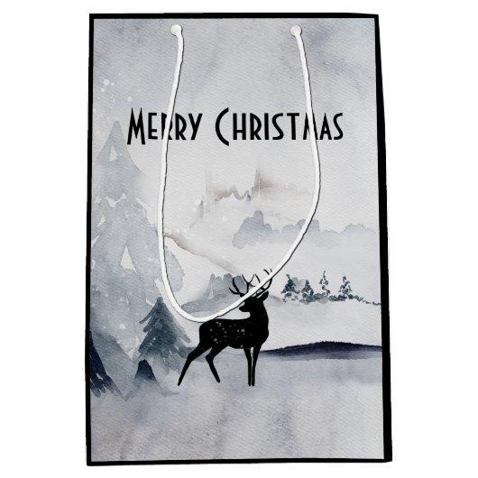 Majestic Reindeer Grey Waterverf Merry Kerstmis Medium Cadeauzakje (Voorkant)