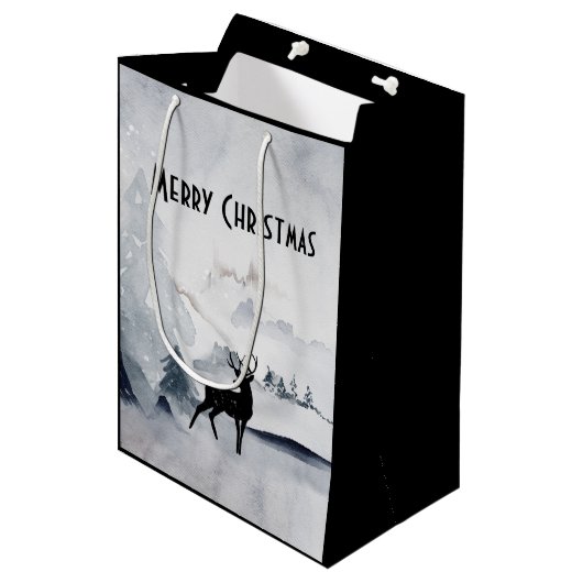 Majestic Reindeer Grey Waterverf Merry Kerstmis Medium Cadeauzakje (Voorkant Gekanteld)