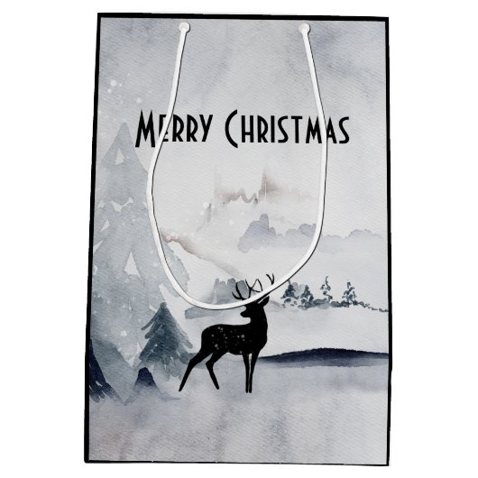 Majestic Reindeer Grey Waterverf Merry Kerstmis Medium Cadeauzakje (Achterkant)