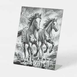 Majestic Running Horses Black and White Sketch Reclamebord Met Voetstuk