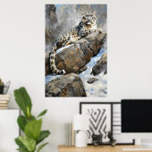 Majestic Sentinel: Sneeuwluipaard op Rock - Schild Poster (Thuiskantoor)