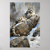 Majestic Sentinel: Sneeuwluipaard op Rock - Schild Poster (Voorkant)