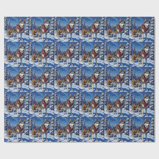 Majestic Siberian Husky Pulling Christmas Sled Cadeaupapier (Vlak)