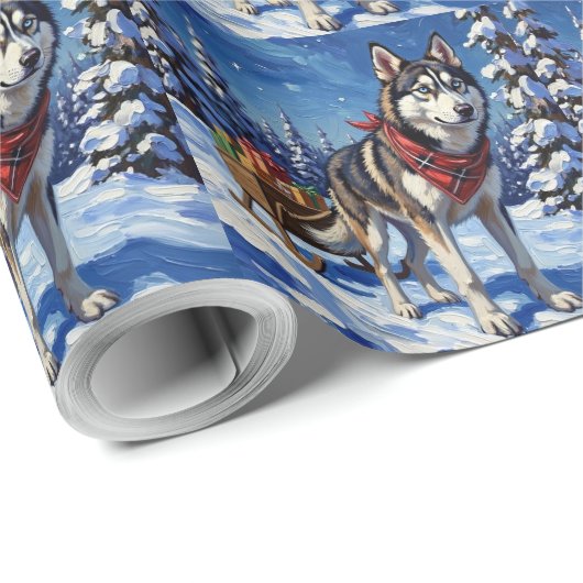 Majestic Siberian Husky Pulling Christmas Sled Cadeaupapier (Rol Hoek)