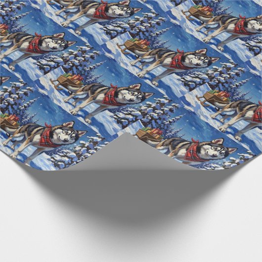 Majestic Siberian Husky Pulling Christmas Sled Cadeaupapier (Hoek)