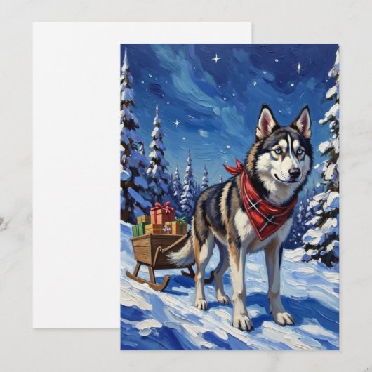 Majestic Siberian Husky Pulling Christmas Sled Feestdagenkaart (Voorkant / Achterkant)