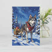 Majestic Siberian Husky Pulling Christmas Sled Feestdagenkaart (Staand voorkant)
