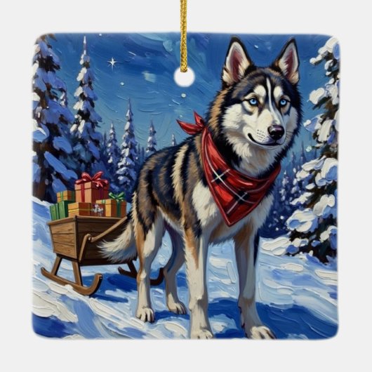 Majestic Siberian Husky Pulling Christmas Sled Keramisch Ornament (Achterkant)