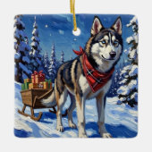 Majestic Siberian Husky Pulling Christmas Sled Keramisch Ornament (Voorkant)