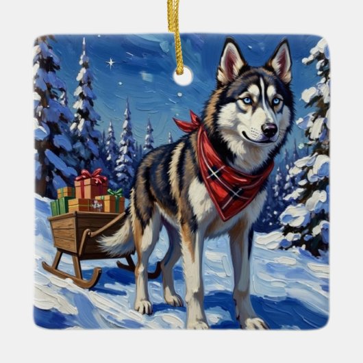 Majestic Siberian Husky Pulling Christmas Sled Keramisch Ornament (Voorkant)