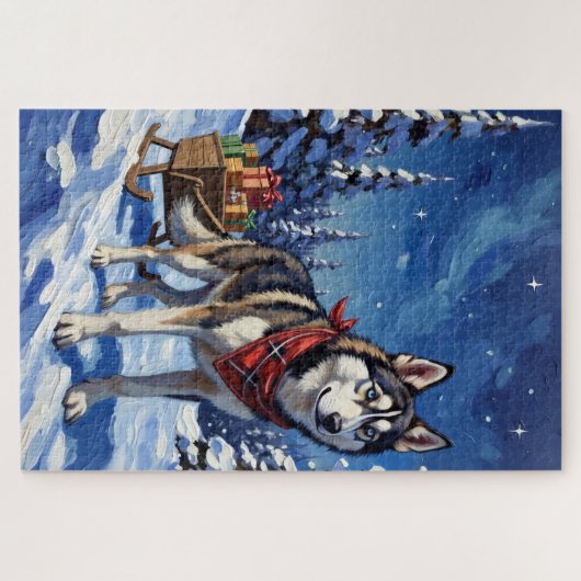 Majestic Siberian Husky Pulling Christmas Sled Legpuzzel (Horizontaal)