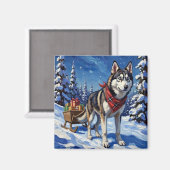Majestic Siberian Husky Pulling Christmas Sled Magneet (Voorkant / Achterkant)