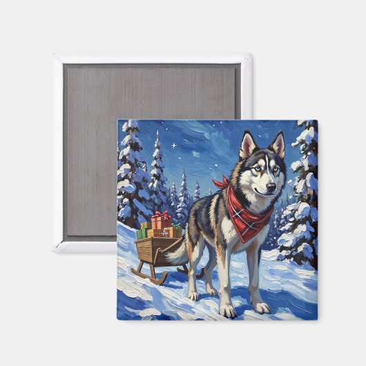 Majestic Siberian Husky Pulling Christmas Sled Magneet (Voorkant / Achterkant)
