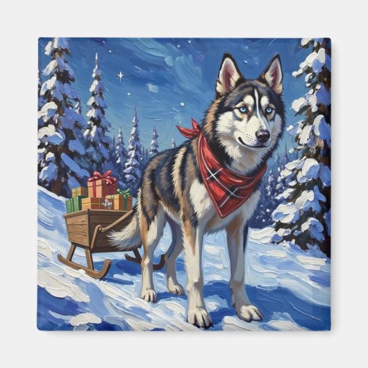 Majestic Siberian Husky Pulling Christmas Sled Magneet (Voorkant)