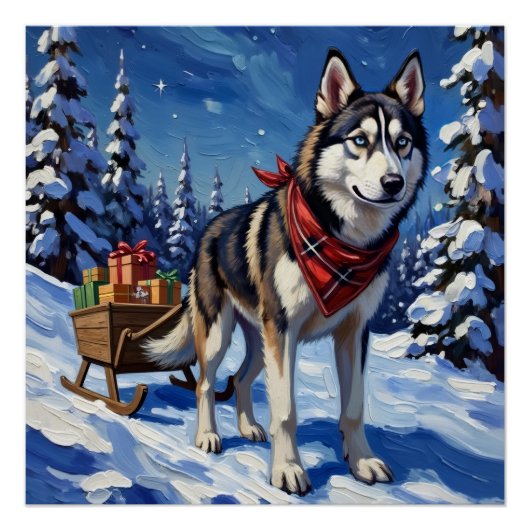 Majestic Siberian Husky Pulling Christmas Sled Perfect Poster (Voorkant)