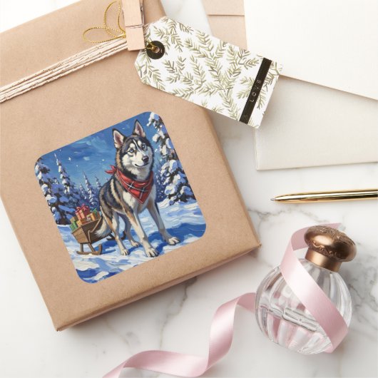 Majestic Siberian Husky Pulling Christmas Sled Vierkante Sticker (Geschenken)