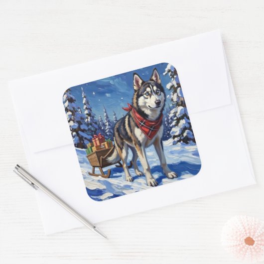 Majestic Siberian Husky Pulling Christmas Sled Vierkante Sticker (Envelop)