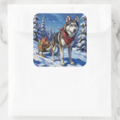 Majestic Siberian Husky Pulling Christmas Sled Vierkante Sticker (Tas)