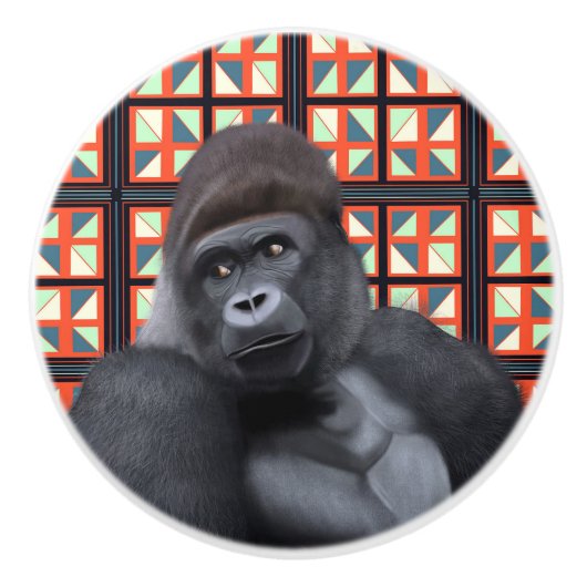 Majestic Sitting Gorilla Op Rode Geometrische Wild Keramische Knop (Voorkant)
