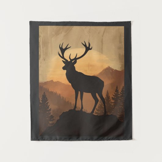 Majestic Stag Deer Silhouette at Sunset Wandkleed (Voorkant)