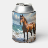 **"Majestic Stride: Trots bruin paard op het stran Blikjeskoeler (Blikje Achterkant)