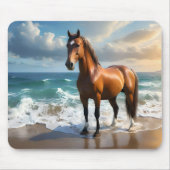 **"Majestic Stride: Trots bruin paard op het stran Muismat (Voorkant)