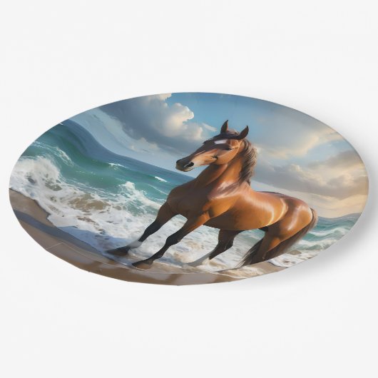 **"Majestic Stride: Trots bruin paard op het stran Papieren Bordje (Gekanteld)