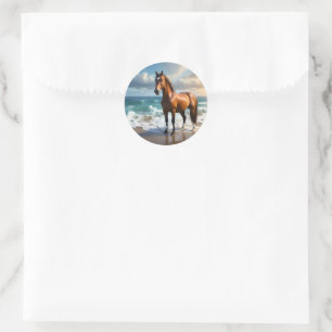**"Majestic Stride: Trots bruin paard op het stran Ronde Sticker