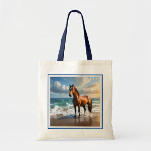 **"Majestic Stride: Trots bruin paard op het stran Tote Bag