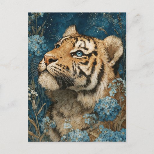 Majestic Tiger Cub in Blue Floral Garden Briefkaart (Voorkant)