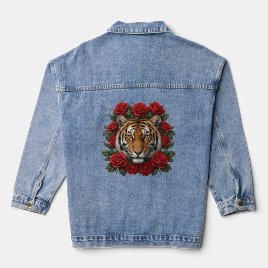 Majestic Tiger Face Red Rose Floral Wreath Denim Jacket (Achterkant)