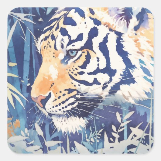 Majestic Tiger in Blue Bamboo Botanical Nature Vierkante Sticker (Voorkant)