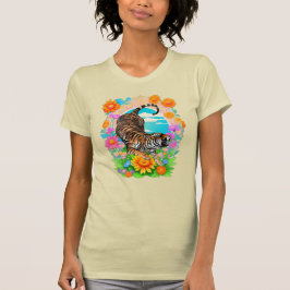 Majestic Tiger in Tropical Floral Garden Retro  T-shirt