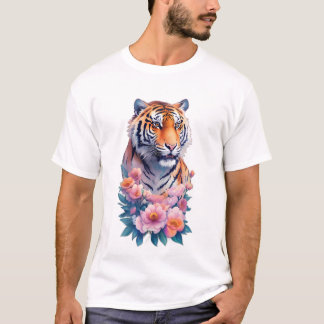 Majestic Tiger Portrait with Pink Peonies  T-shirt
