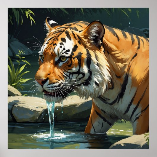 Majestic Tijger Drink Water van River Painting Poster (Voorkant)