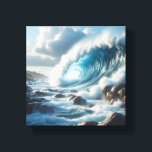 Majestic Turquoise Ocean Wave Crashing Against  Canvas Afdruk<br><div class="desc">A breathtaking and powerful digital landscape featuring a massive turquoise wave breaking against a rugged, rocky shoreline. The intense spray of the sea foam and the dramatic lighting under a cloudy sky evoke a sense of raw natural beauty and cinematic drama. Ideal for large-scale wall art, modern coastal-themed interiors, or...</div>