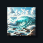 Majestic Turquoise Ocean Wave Crashing on Sunlit  Canvas Afdruk<br><div class="desc">A vibrant and refreshing digital landscape featuring a powerful turquoise wave curling beautifully before crashing against smooth, sun-drenched coastal rocks. The bright blue sky and fluffy white clouds create a perfect summer atmosphere filled with energy and natural beauty. Ideal for beach house decor, modern living rooms, or as a rejuvenating...</div>