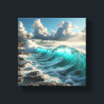 Majestic Turquoise Ocean Waves Crashing Against Canvas Afdruk<br><div class="desc">A stunning and powerful digital artwork capturing massive turquoise waves curling and crashing against a rugged, rocky shoreline. The composition features dramatic sunlight filtering through a cloudy sky, highlighting the intense spray and deep blue textures of the ocean. Perfect for large-scale wall art, modern coastal-themed interiors, or as a dynamic...</div>