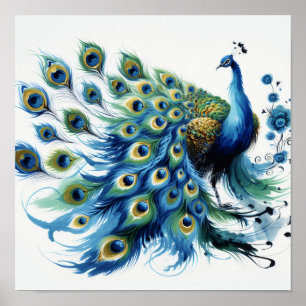 Majestic veren: Blauwe Peacock digitale kunst Poster