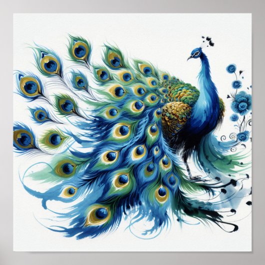 Majestic veren: Blauwe Peacock digitale kunst Poster (Voorkant)