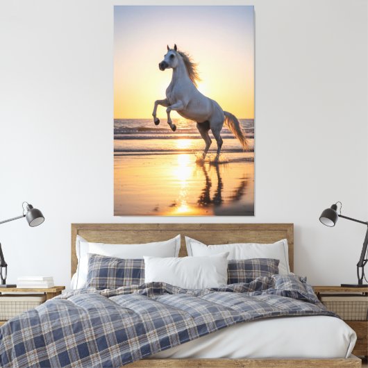 Majestic White Arabian Horse Sunset Beach Canvas Afdruk (Insitu (Slaapkamer))